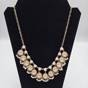 Jules Gold Tone Pearl Beaded Drop Jewel Chandelier Beaded Statement Necklace